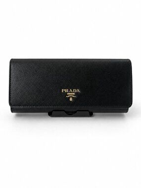 Prada Saffiano Leather Black Wallet Pink Interior Gold Logo Continental Zip Pock